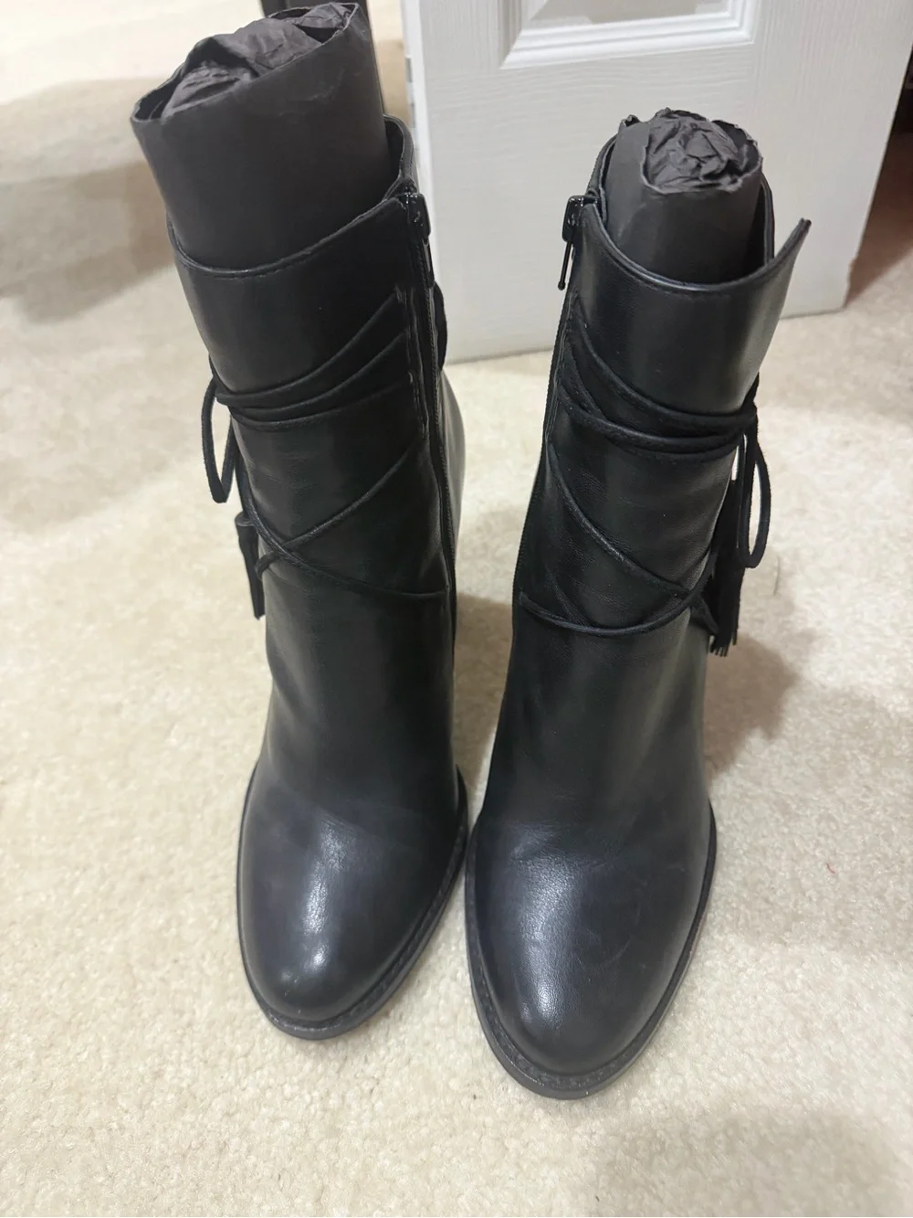 Vince Camuto Black Leather Ankle Boots with Wrap and Tassel